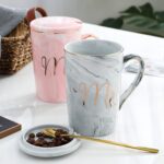 Mr and Mrs Coffee Mug with Lid & Spoon, Ceramic Marble Finish Gift Boxed