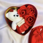 Heart Shaped Valentine's Day Gift Box Red with "I Love You" Message on Cute Teddy, 3 Red Roses!