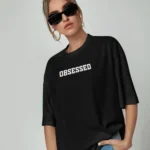 Classis Black Women's Tshirt with Obsessed Print Cotton Oversized Top