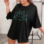 Women's Oversize Black T-shirt with Green Angel Print, Cotton Blend Modern Baggy Top