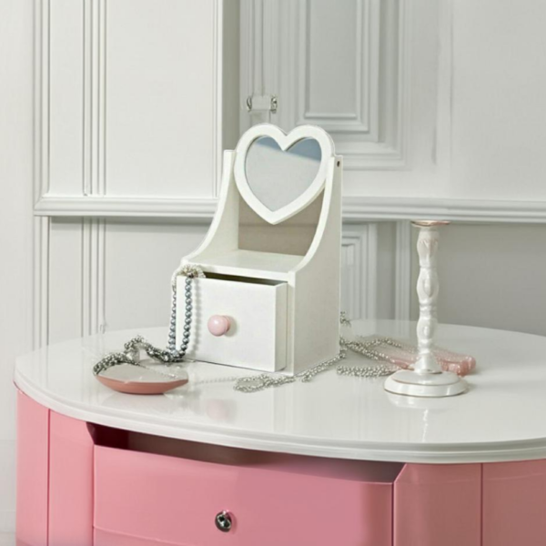 Cosmetic Storage Makeup Organizer with Heart Shape Mirror, Wooden Mini Dresser with Drawer Trays - Image 3