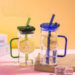 Sipper Tumbler Mug with Acrylic Lid, Glass Straw(Random Color)