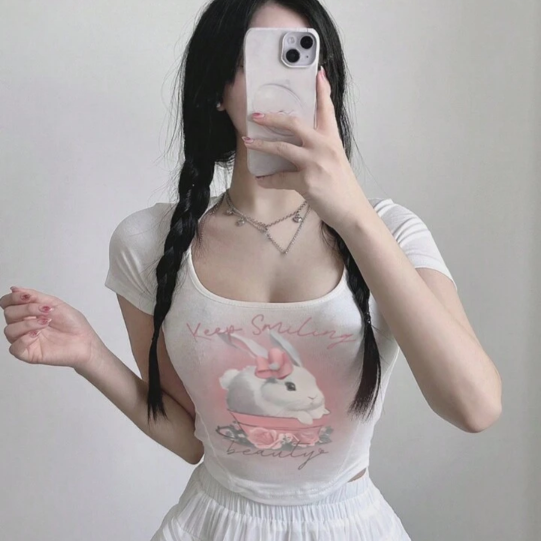 Coquette Crop Top Rabbit Graphic Print Pullover T-Shirt