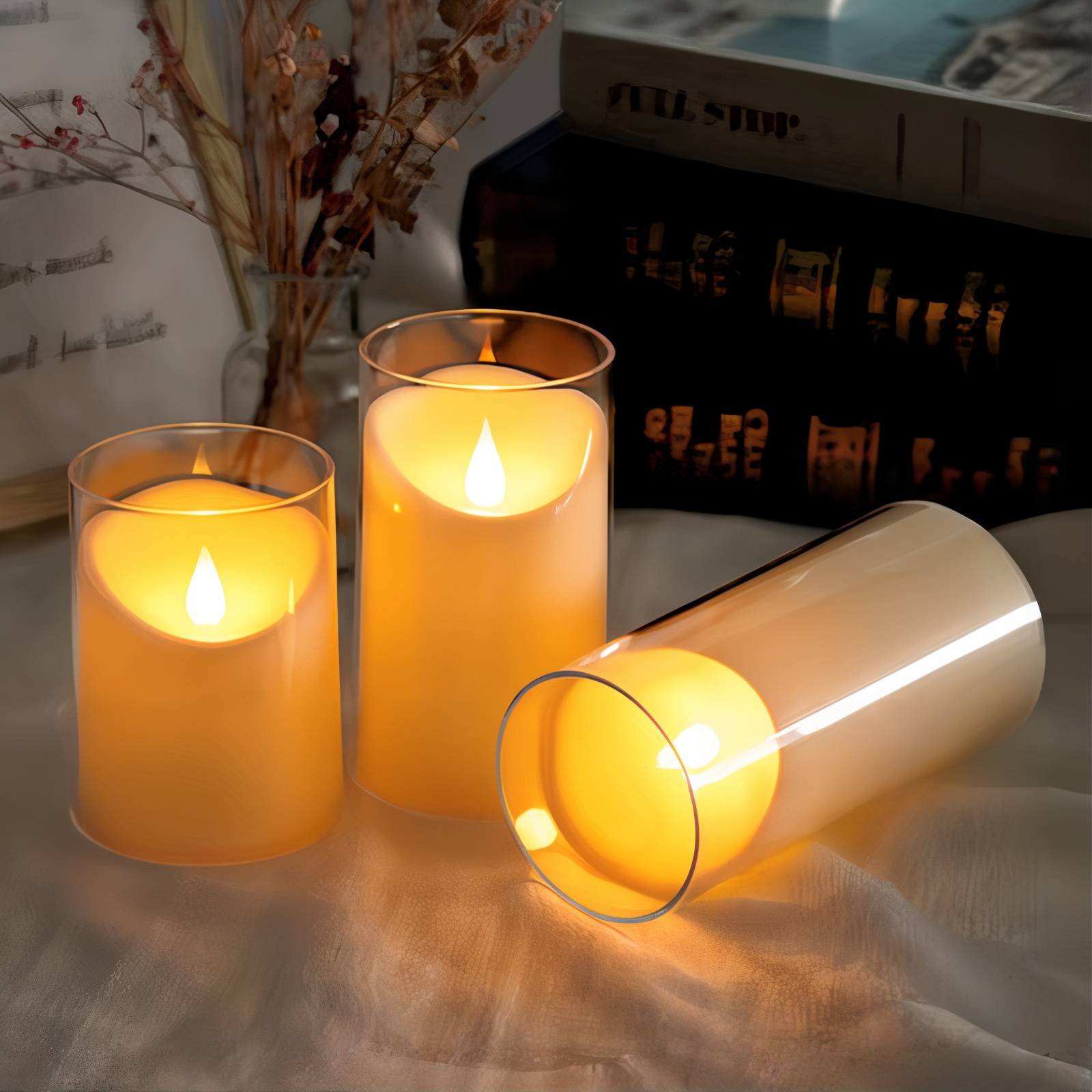 Flameless LED Pillar Candles in Acrylic Cylinder Vase with Fake Wick (Set of 3)